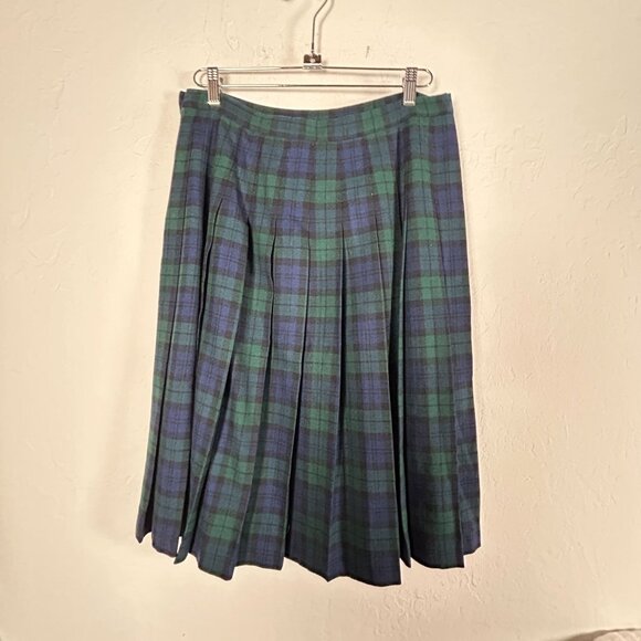 VTG Pendleton Black Watch Tartan Pleated Wool Midi Skirt Size 16 Petite Blue USA - Picture 2 of 6